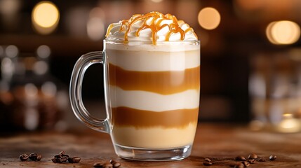 Poster - Close-up of a delicious iced coffee with caramel and whipped cream on top, in a clear glass with a handle, on a wooden table.