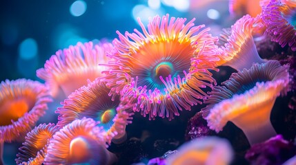 Vibrant sea anemones underwater, macro photography, bioluminescent centers, colorful tentacles in shades of orange, purple, and pink, bright turquoise background.