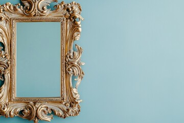 Wall Mural - A pale blue wall with a baroque gold frame, the center empty and emphasizing the ornate details 