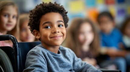 Joyful disabled student in a wheelchair answering a teacher's question, surrounded by children of different ethnicities in a bright, inclusive classroom