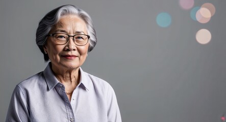 Canvas Print - Confident elderly Asian woman with glasses wearing blouse on plain grey background