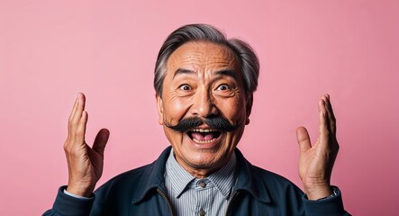 Wall Mural - Excited elderly Asian man with mustache wearing jacket on plain pink background