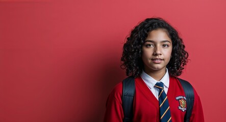 Wall Mural - Focused Hispanic teenage girl with curly hair wearing school uniform on plain red background