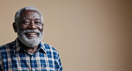 Happy elderly Black man with grey beard wearing plaid shirt on plain beige background