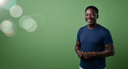 Canvas Print - Happy middleaged Black man with short hair wearing tshirt on plain green background