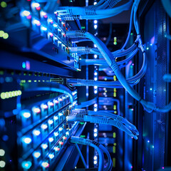 A close-up view of a computer setup, in an office or server room environment. In the foreground is an open laptop displaying to be code or data on its screen. To the left of the laptop, several electr