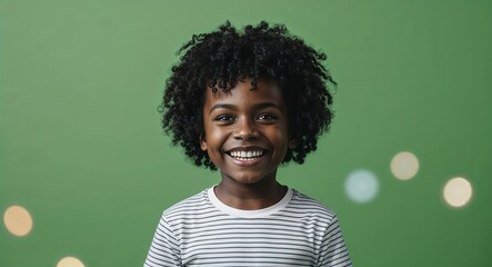 Wall Mural - Joyful young Black boy with curly hair wearing tshirt on plain green background