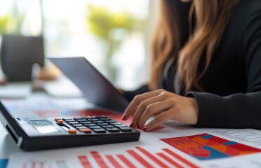 Aufkleber - Businesswoman using a calculator to balance her work for computers, papers, and charts on a desk in an office background with copy space. Concept of financial planning and strategy, close-up view.