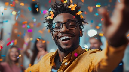 Happy young black professional dancing under colorful confetti, modern office setting, co-workers applauding, celebration of company goals met