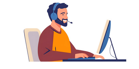 Canvas Print - Young man working in customer service wearing a headset flat illustration isolated on background