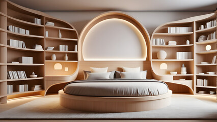 Wall Mural - Modern style design with artistic sense of bedroom, double bed and bookshelf, new bedroom design