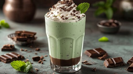 Close-up of a green milkshake with chocolate shavings, whipped cream and mint leaf, topped with chocolate syrup on a dark grey background.