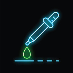 Poster - Glowing neon line icon of a pipette dropping chemical liquid isolated on a black background for your design, concept of chemistry