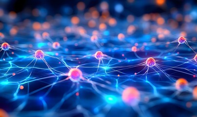 Wall Mural - Glowing Neurons on Blue Background with Lights