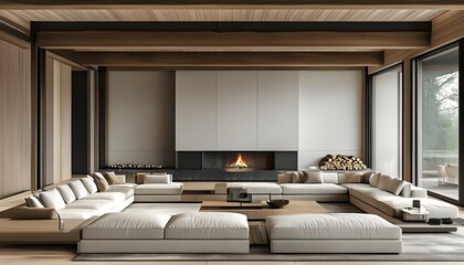 Wall Mural - Contemporary minimalist living room featuring spacious sectional sofa, inviting fireplace, and exposed wood beams