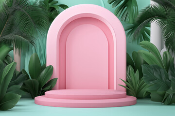 Pink Archway with Green Tropical Plants