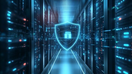 Fototapete - Within a server room, a cutting-edge digital shield symbolizes cloud computing, offering advanced cybersecurity, software management, and online storage.