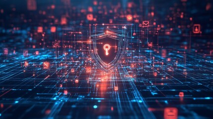Poster - Futuristic digital shield, layers of firewall icons, matrix-style background, key floating at the center, securing a vast network grid