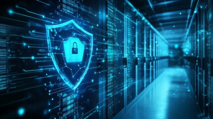 Fototapete - a futuristic digital shield in a server room highlights cloud computing solutions for cybersecurity, software, and online storage backup.