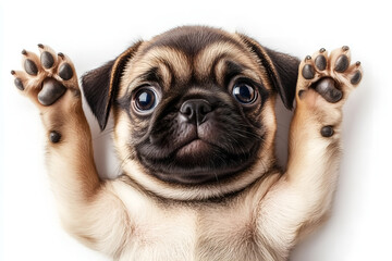 cute funny pug/mops puppy dog lying on his back with paws up and  waiting for belly rubs; doggy isolated on white background