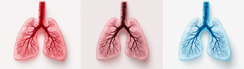 This image showcases three variations of lungs, highlighting human anatomy with vibrant colors for educational use.