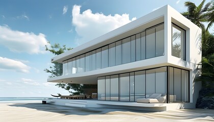 Wall Mural - Sleek minimalist beach house with expansive glass windows overlooking the sea