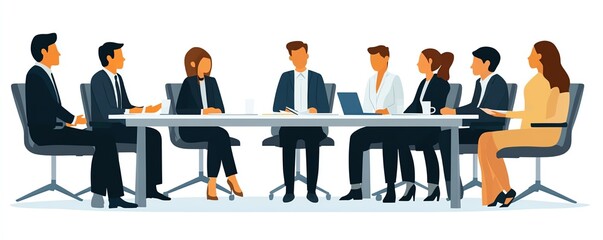 Business meeting clipart, team discussing strategy, flat vector illustration, isolated on white background