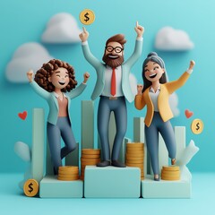 Business team celebrating financial success, rising charts, 3D illustration