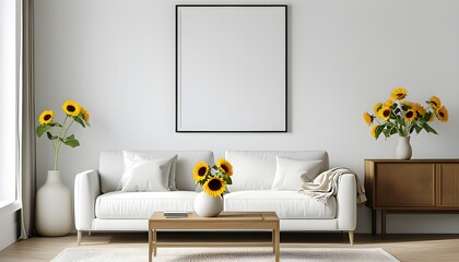 Wall Mural - Minimalist Living Room Design with Sunflowers and Modern Decor Elements