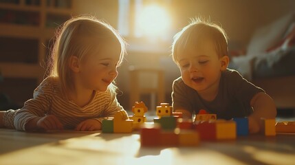 child with down syndrome playing imaginatively with their sibling lost in a world of make-believe