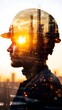 © Piere - Double exposure of a construction worker and a city silhouette, double exposure of a portrait of an engineer wearing a helmet against a factory background