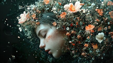 Wall Mural - Woman with Floral Crown: A Dreamy Portrait in Nature