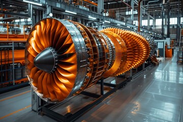 Close up of aircraft turbine engine and propeller  aviation technology and spare parts production