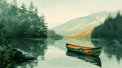 Wall Mural - Canoe on a Serene Mountain Lake