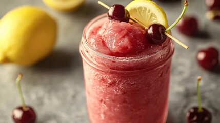 Wall Mural - Close-up of a refreshing cherry slushie in a mason jar with a lemon wedge and cherries.