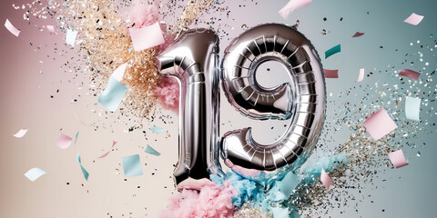 Shiny number 19 balloon, confetti, festive design background