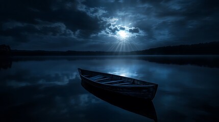 A lone wooden boat sits still on a tranquil lake under a full moon, with the moon's rays illuminating the water.