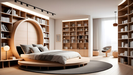 Wall Mural - Modern style design with artistic sense of bedroom, double bed and bookshelf, new bedroom design