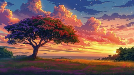 Sunset Landscape with a Blooming Tree