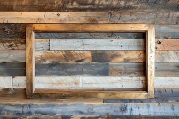 Wall Mural - A rugged wooden plank wall with a tarnished brass frame, the empty middle creating a rustic vibe 