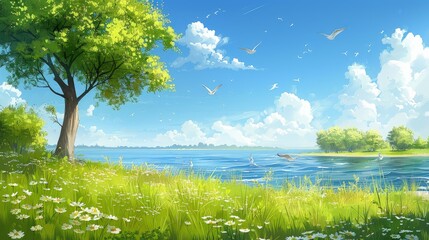 Wall Mural - Peaceful Summer Landscape with Daisies