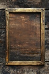 Wall Mural - A rugged wooden plank wall with a tarnished brass frame, the empty middle creating a rustic vibe 