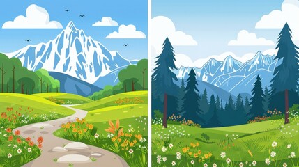 Two Landscapes with Mountains and a Winding Path