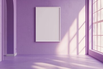 A soft lavender wall with a minimalist white frame, the center blank and serene 