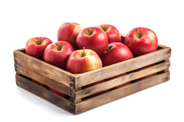 Red apples in wooden box isolated on white background