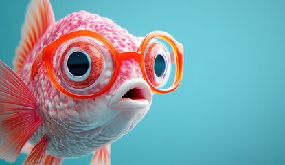 A close-up of a pink and white fish wearing orange glasses, set against an isolated pastel blue background.