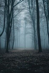 Wall Mural - A forest with trees and a path. The sky is cloudy and the light is dim