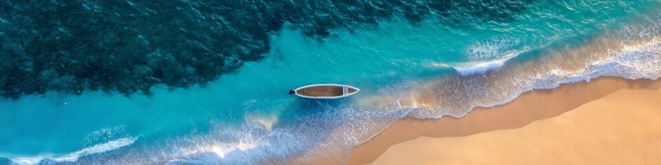 Wall Mural - A beautiful blue ocean with a boat in the middle. The boat is small and is floating in the water. The ocean is calm and peaceful, and the boat is the only thing that stands out in the scene