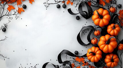 Wall Mural - A Halloween scene with pumpkins, black ribbons, and fall leaves sets the seasonal mood.
