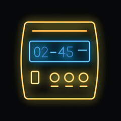 Poster - Glowing neon line digital alarm clock icon isolated on black background. Vector illustration